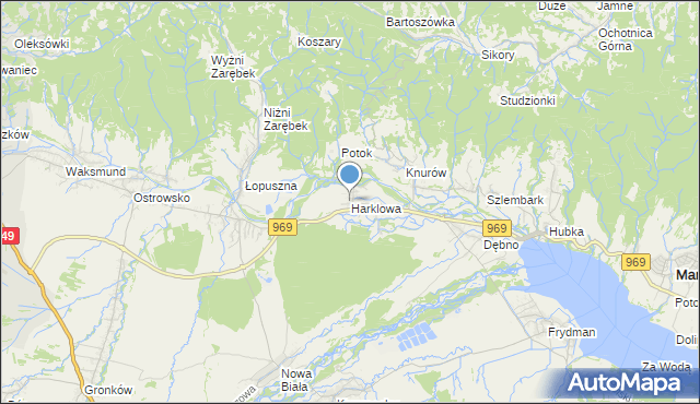 mapa Harklowa, Harklowa gmina Nowy Targ na mapie Targeo